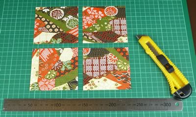 cut out paper squares to decorate tile coasters