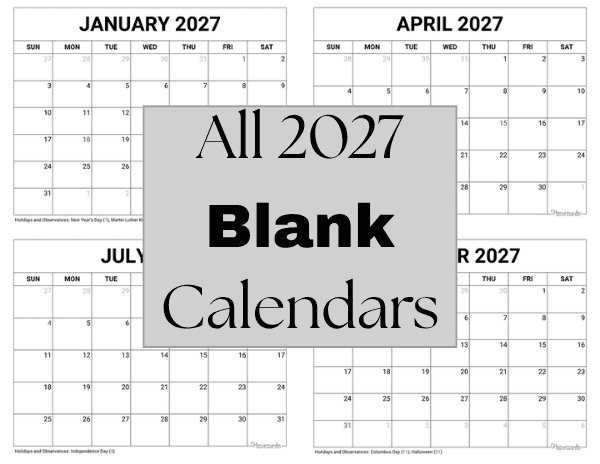 2027 Calendar Blank Twelve Month Full Year Calendar