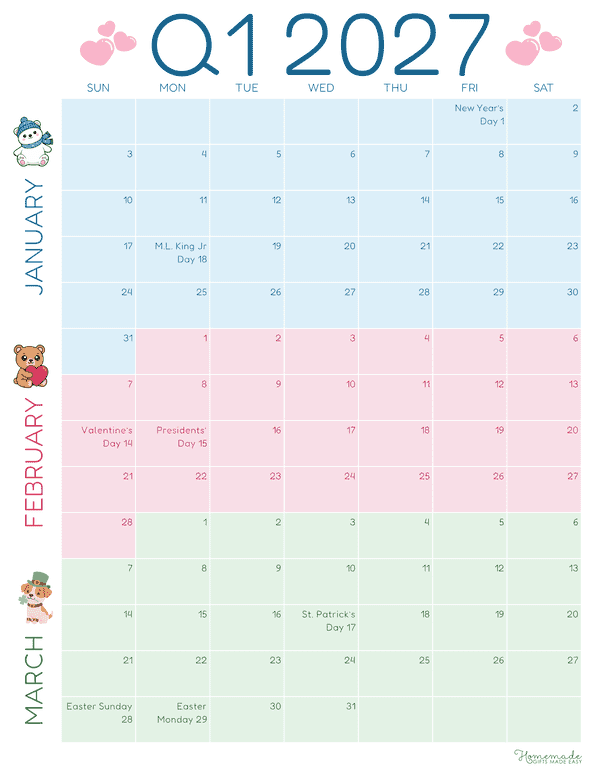 3 Month Calendar Cute Colorful Portrait Quarterly Calendar Q1 2027