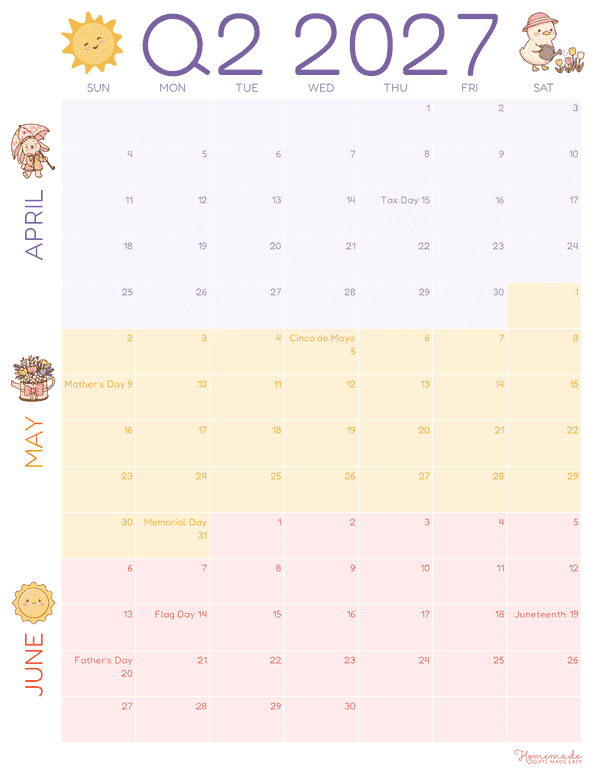 3 Month Calendar Cute Colorful Portrait Quarterly Calendar Q2 2027