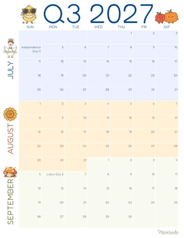 3 Month Calendar Cute Colorful Portrait Quarterly Calendar Q3 2027