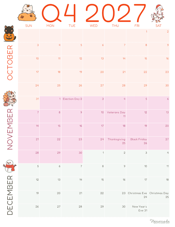 3 Month Calendar Cute Colorful Portrait Quarterly Calendar Q4 2027