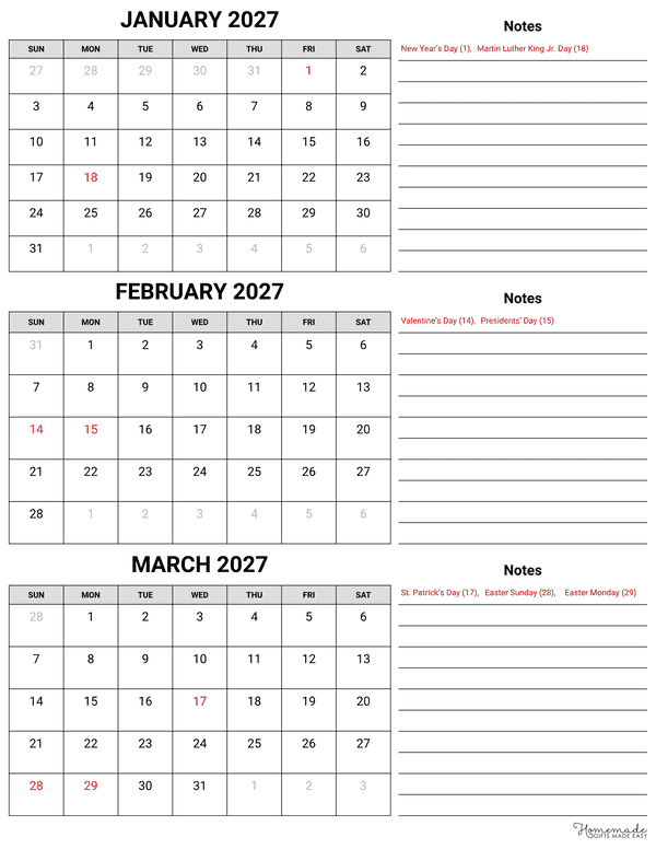 3 Month Calendar Simple 2 Column Blocky Quarterly Calendar With Notes Q1 2027