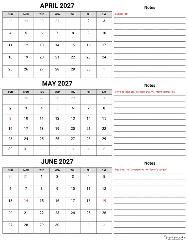 3 Month Calendar Simple 2 Column Blocky Quarterly Calendar With Notes Q2 2027