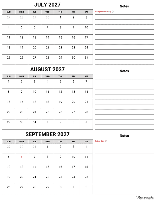 3 Month Calendar Simple 2 Column Blocky Quarterly Calendar With Notes Q3 2027