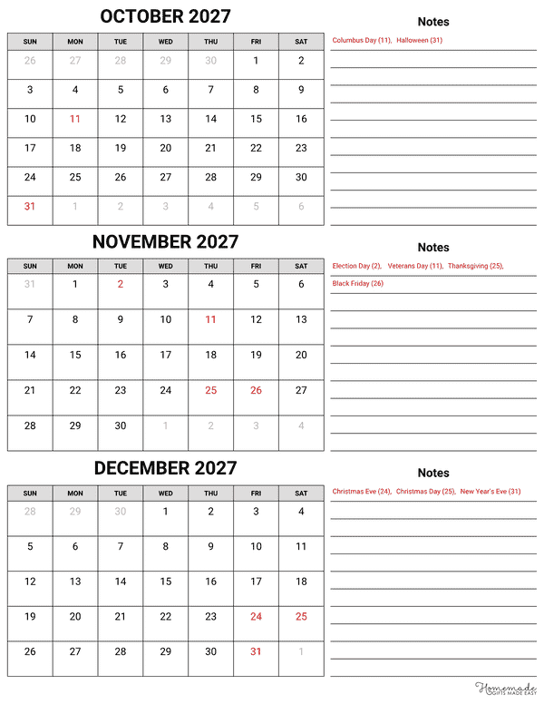 3 Month Calendar Simple 2 Column Blocky Quarterly Calendar With Notes Q4 2027