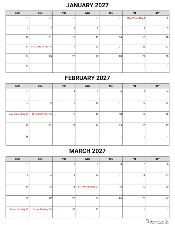 3 Month Calendar Simple Blocky Portrait Quarterly Calendar Q1 2027