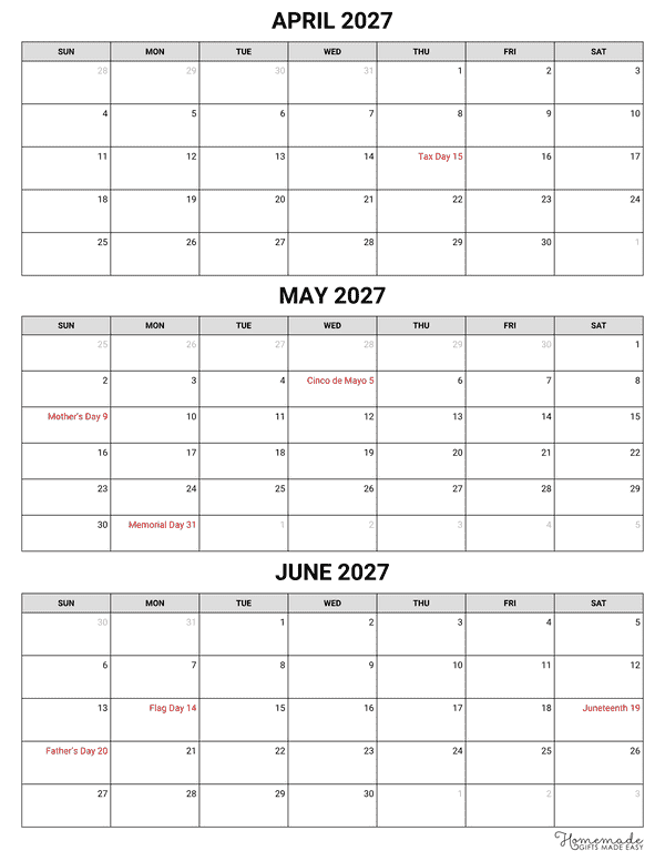 3 Month Calendar Simple Blocky Portrait Quarterly Calendar Q2 2027