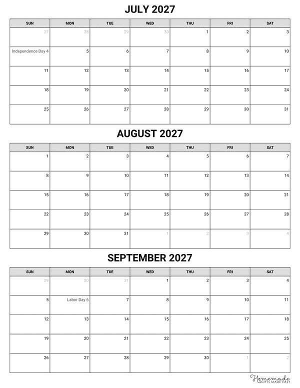 3 Month Calendar Simple Blocky Portrait Quarterly Calendar Q3 2027