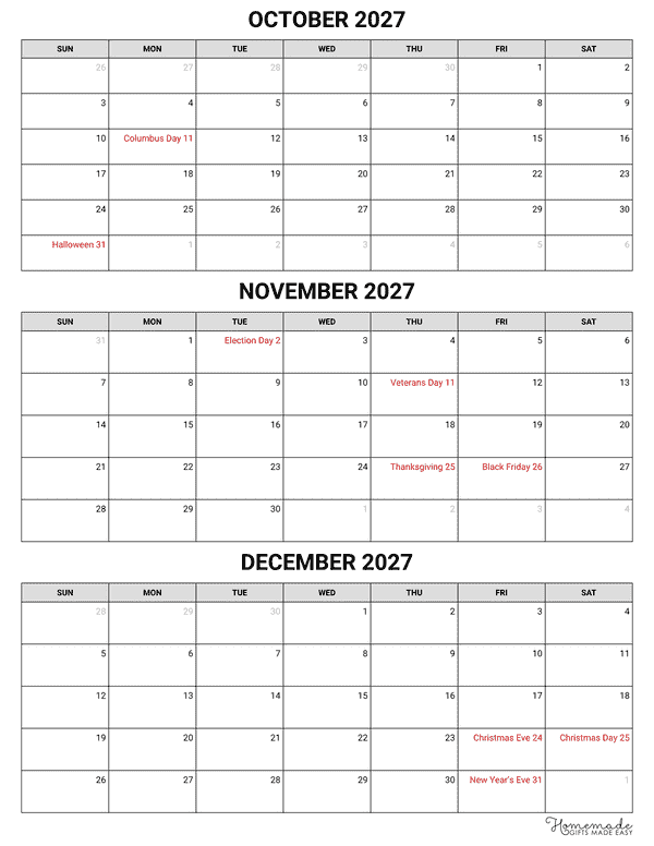 3 Month Calendar Simple Blocky Portrait Quarterly Calendar Q4 2027