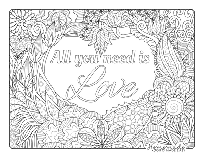 Adult Coloring Pages All You Need Is Love Flower Heart Doodle
