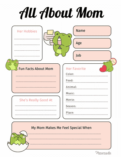 All About Mom Printable Cute Pink Green With Frogs for Preschoolers