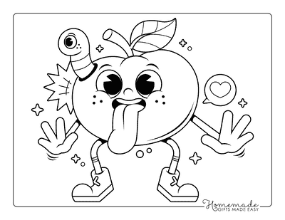 Apple Coloring Pages Fun Retro Cartoon Apple With Worm