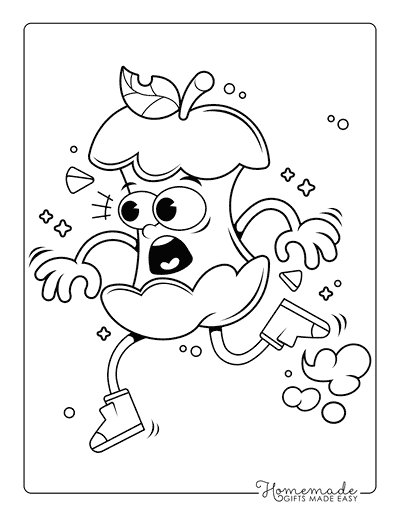 Apple Coloring Pages Funny Scared Eaten Apple Running Away