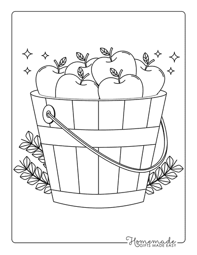 Apple Coloring Pages Hand Drawn Apples in Wooden Bucket