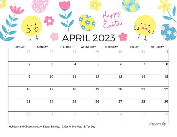 april Calendar 2023 Printable Easter