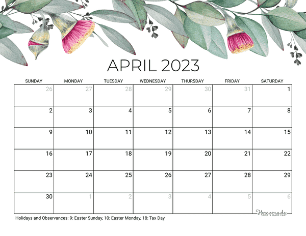 april Calendar 2023 Printable Eucalyptus