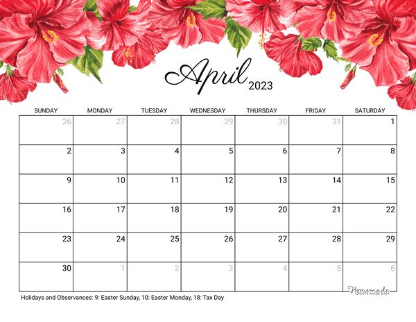 april Calendar 2023 Printable Hibiscus