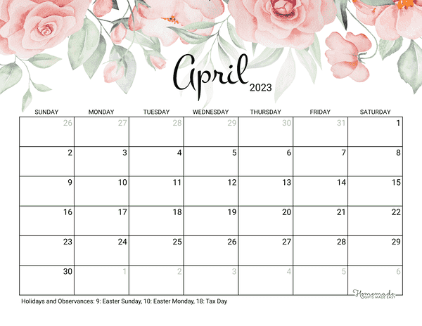 April Calendar 2023 Printable Rose