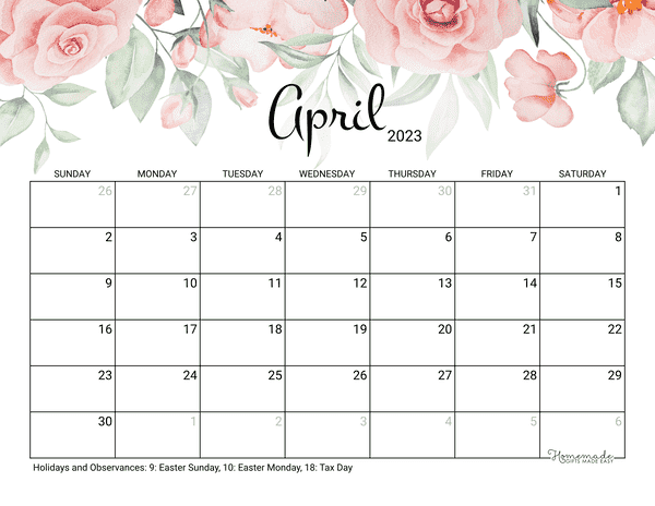 april Calendar 2023 Printable Rose