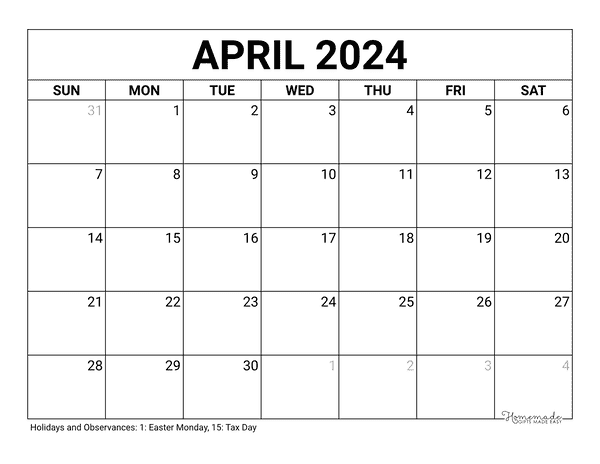 April 2024 Calendar Free Printable With Holidays