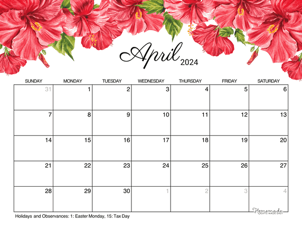 April 2024 Calendar Free Printable With Holidays