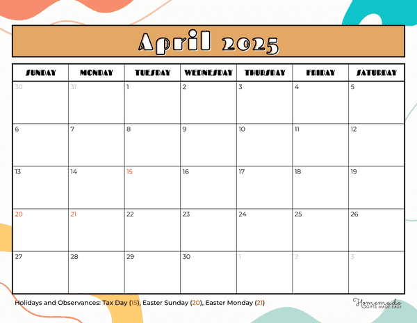 April 2025 Calendar Printable with Holidays