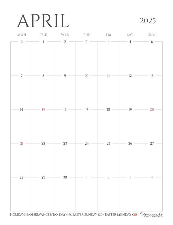 April 2025 Calendar Printable with Holidays