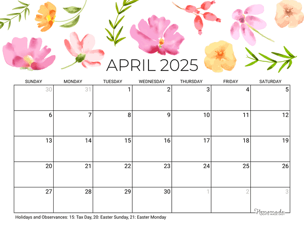 April 2025 Calendar Printable with Holidays
