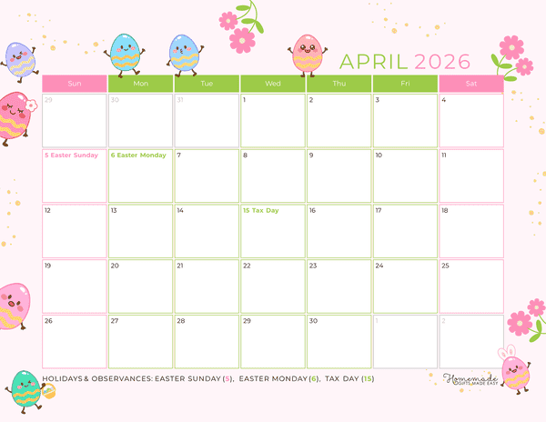 April Calendar 2026 Cute Colorful Easter