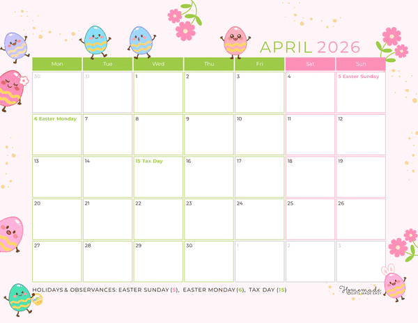 April Calendar 2026 Cute Colorful Easter Monday Start