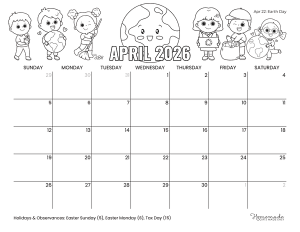 April Calendar 2026 Cute Fun Earth Day to Color