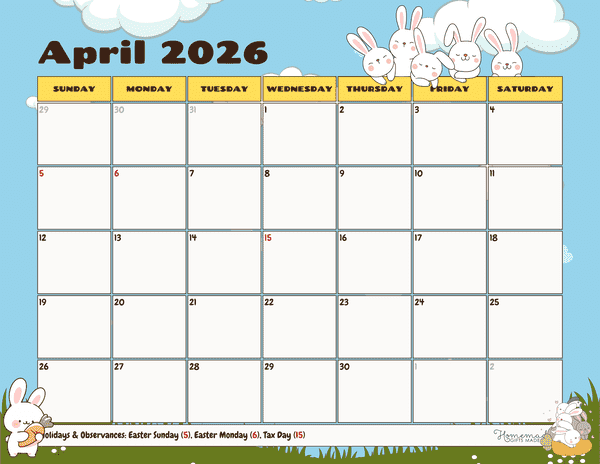 April Calendar 2026 Cute Spring Bunnies