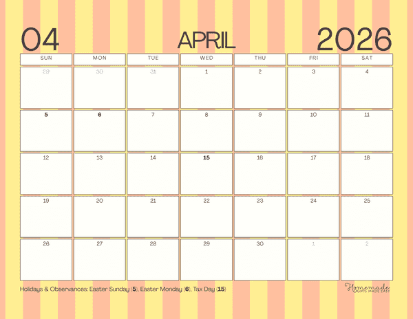 April Calendar 2026 Cute Spring Stripes
