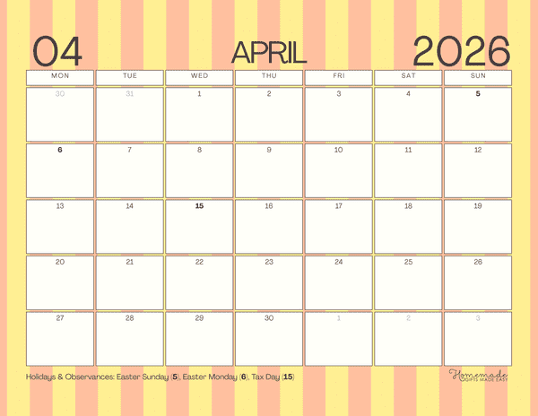 April Calendar 2026 Cute Spring Stripes Monday Start