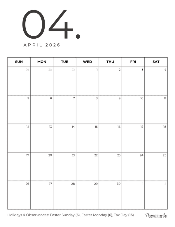 April Calendar 2026 Minimalist Portrait