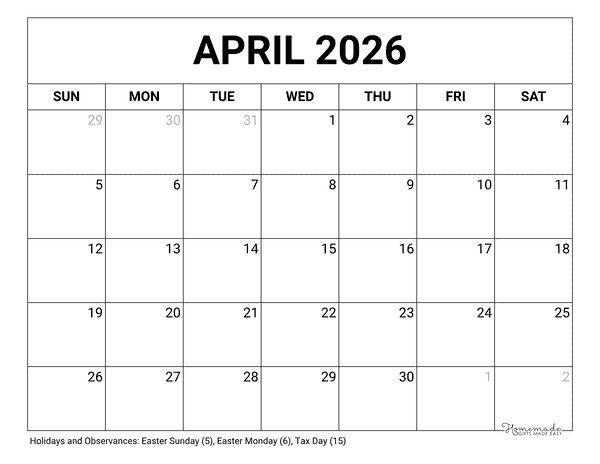 April Calendar 2026 Printable Blank