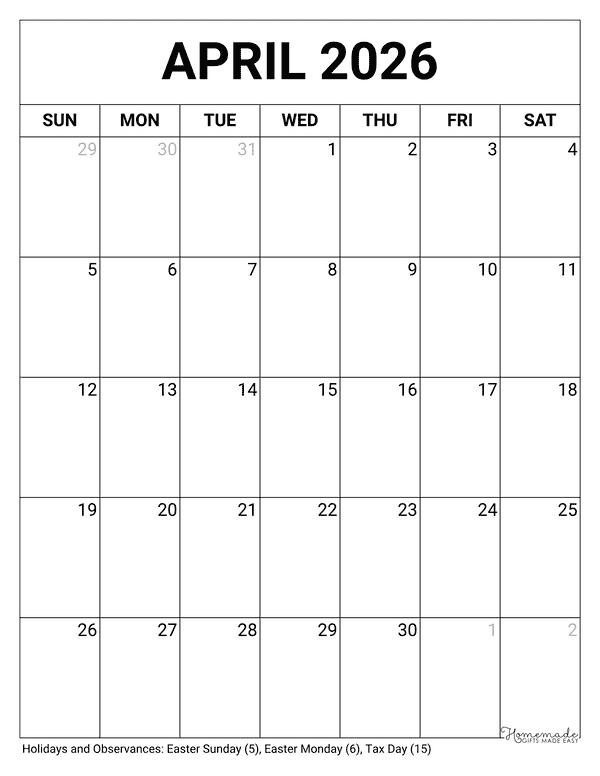 April Calendar 2026 Printable Blank Portrait