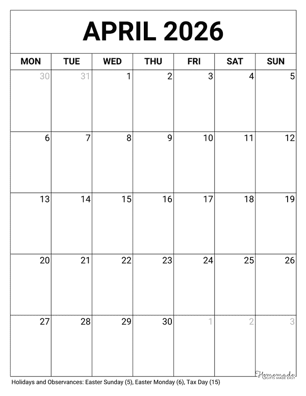 April Calendar 2026 Printable Blank Portrait Monday Start