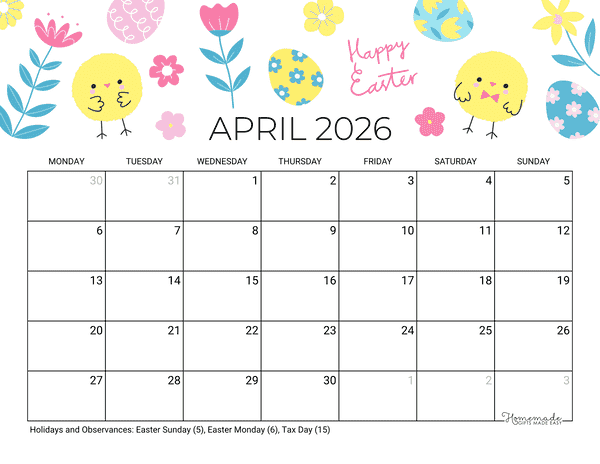 April Calendar 2026 Printable Easter Landscape Monday Start