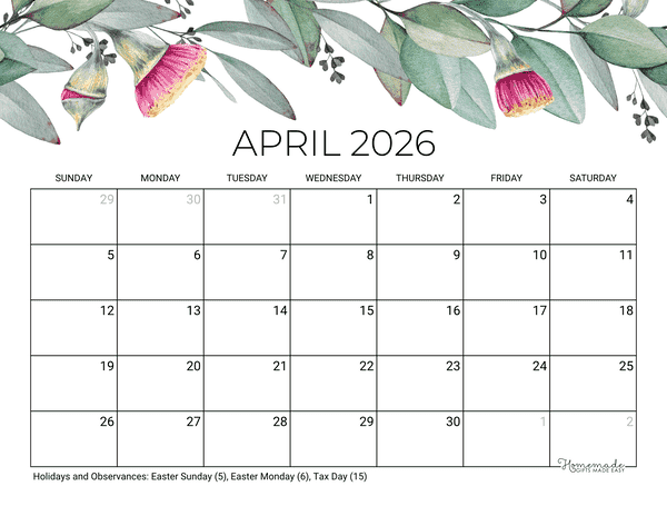 April Calendar 2026 Printable Eucalyptus
