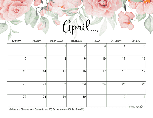 April Calendar 2026 Printable Rose Monday Start