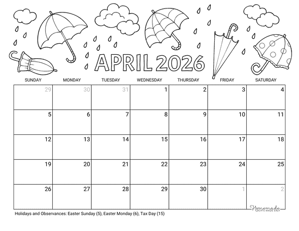 April Calendar 2026 Printable Umbrellas Rain to Color Landscape