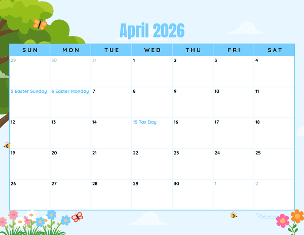 April Calendar 2026 Simple Fun Flowery Scene