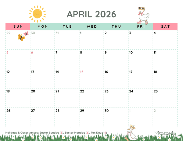 April Calendar 2026 Simple Illustrated Spring