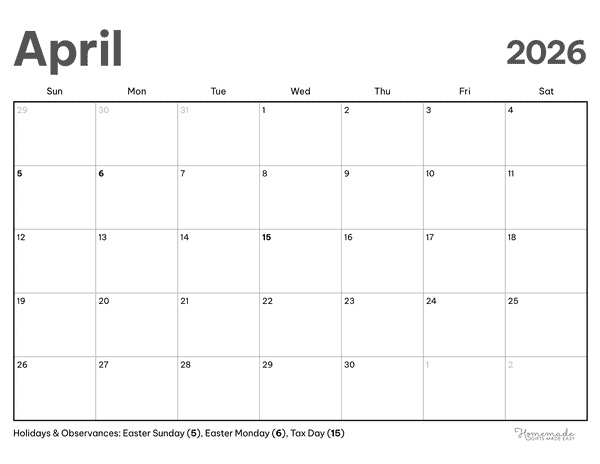 April Calendar 2026 Simple Modern Minimalism