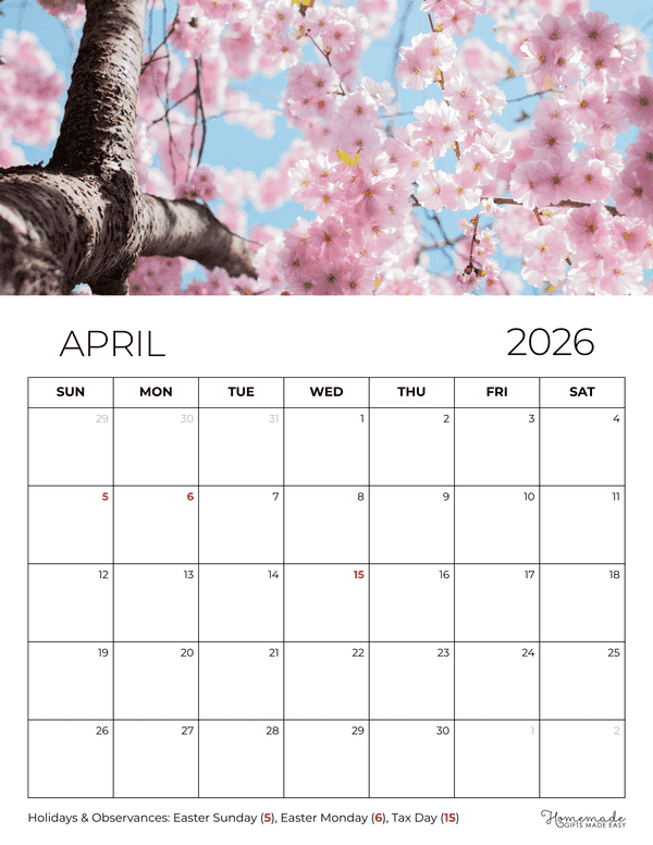 April Calendar 2026 Traditional Style Calendar Cherry Blossoms