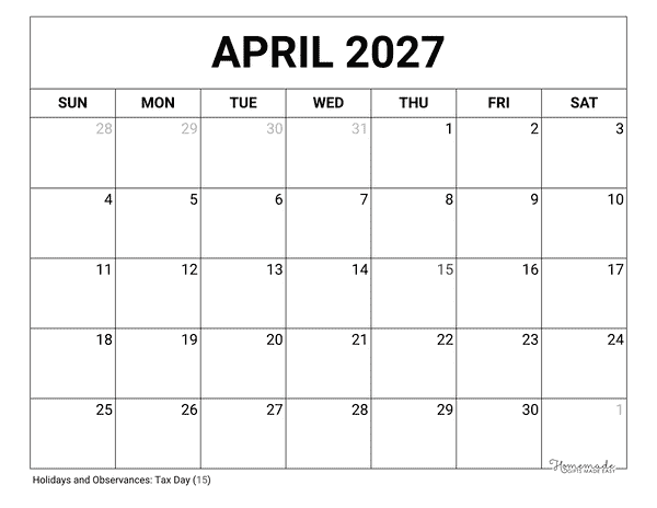 April Calendar 2027 Printable Blank