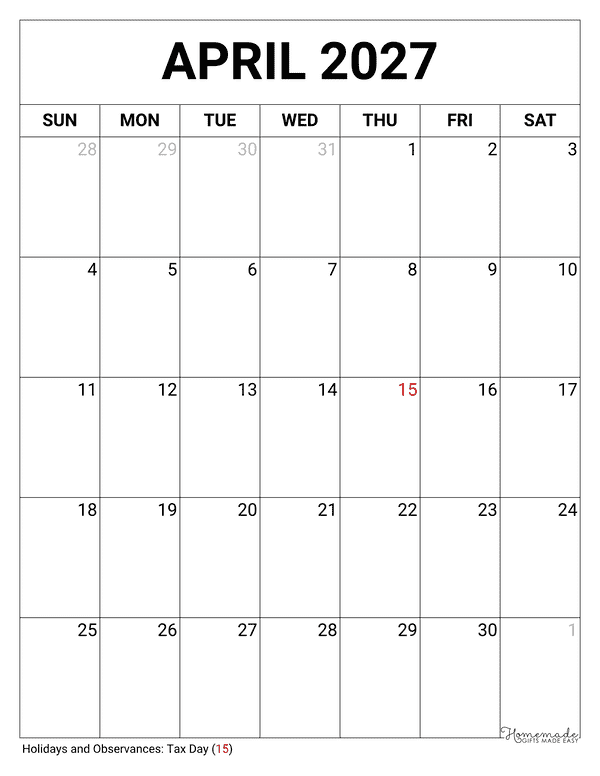 April Calendar 2027 Printable Blank Portrait