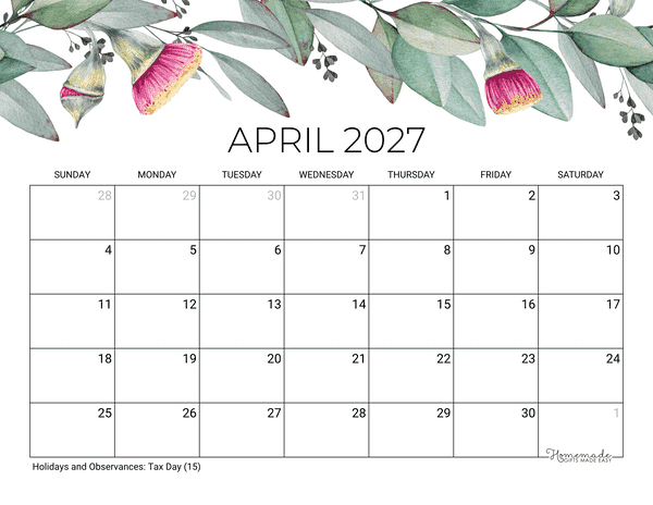 April Calendar 2027 Printable Eucalyptus